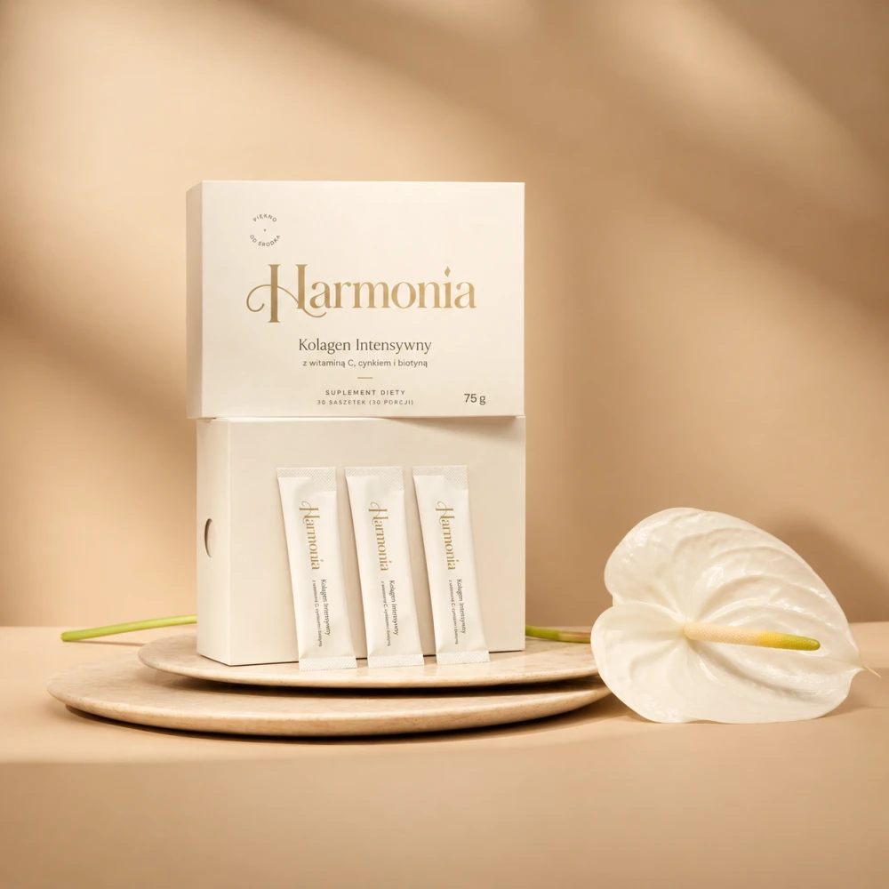 Pudełko Harmonia Kolagen Aktywny i trzy saszetki produktu