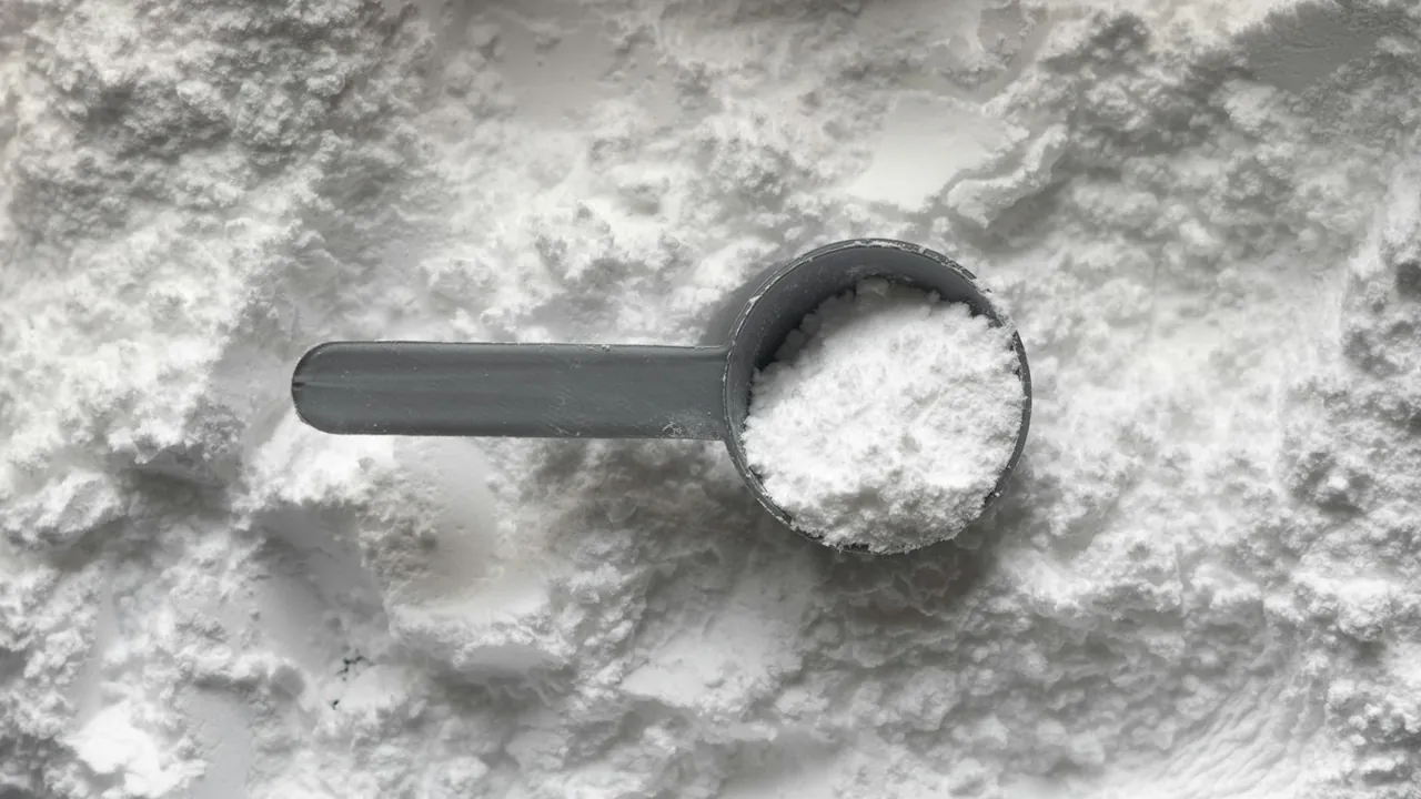 Szara miarka wypełniona białym proszkiem, leżąca na rozsypanym proszku