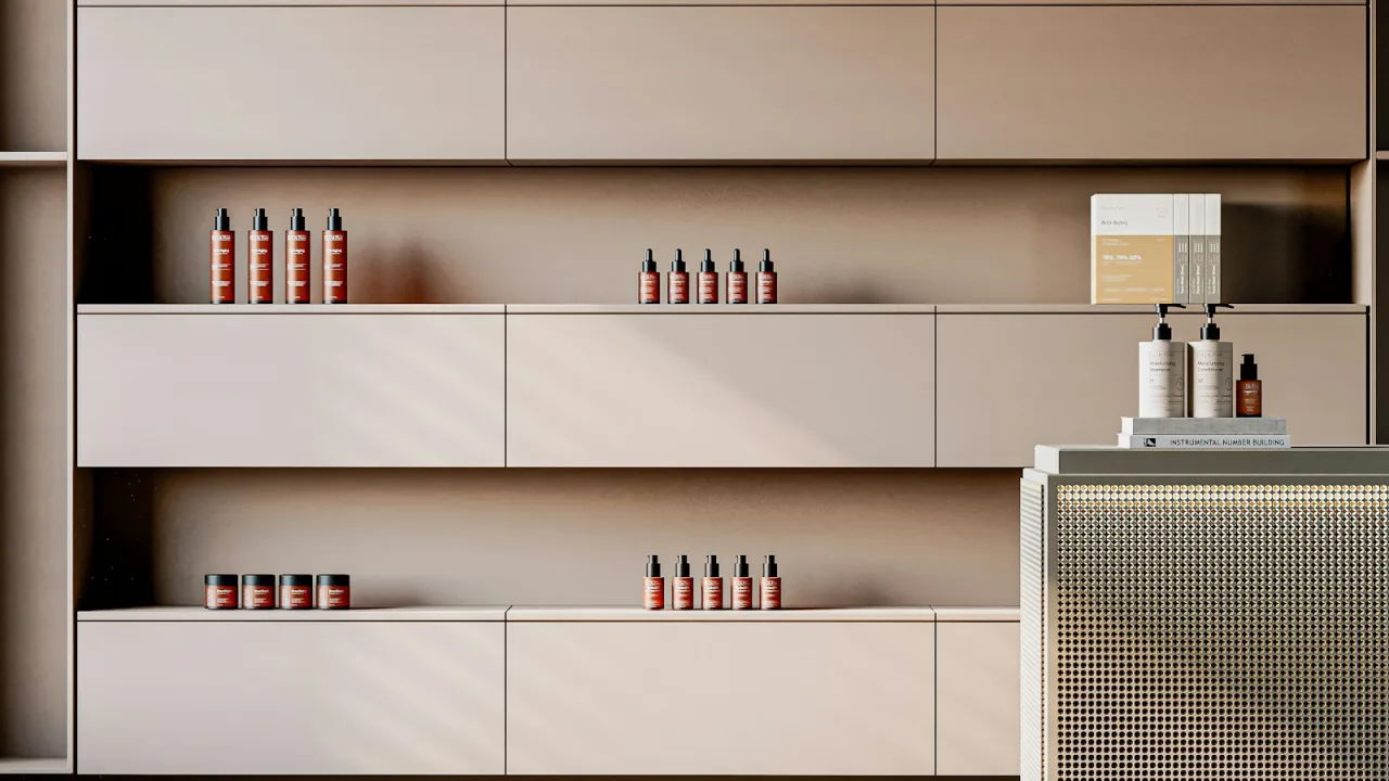 Minimalistyczne beżowe regały sklepowe z rzadko rozstawionymi kosmetykami